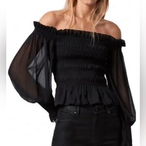 Allsaints Black Off The Shoulder Peplum Top